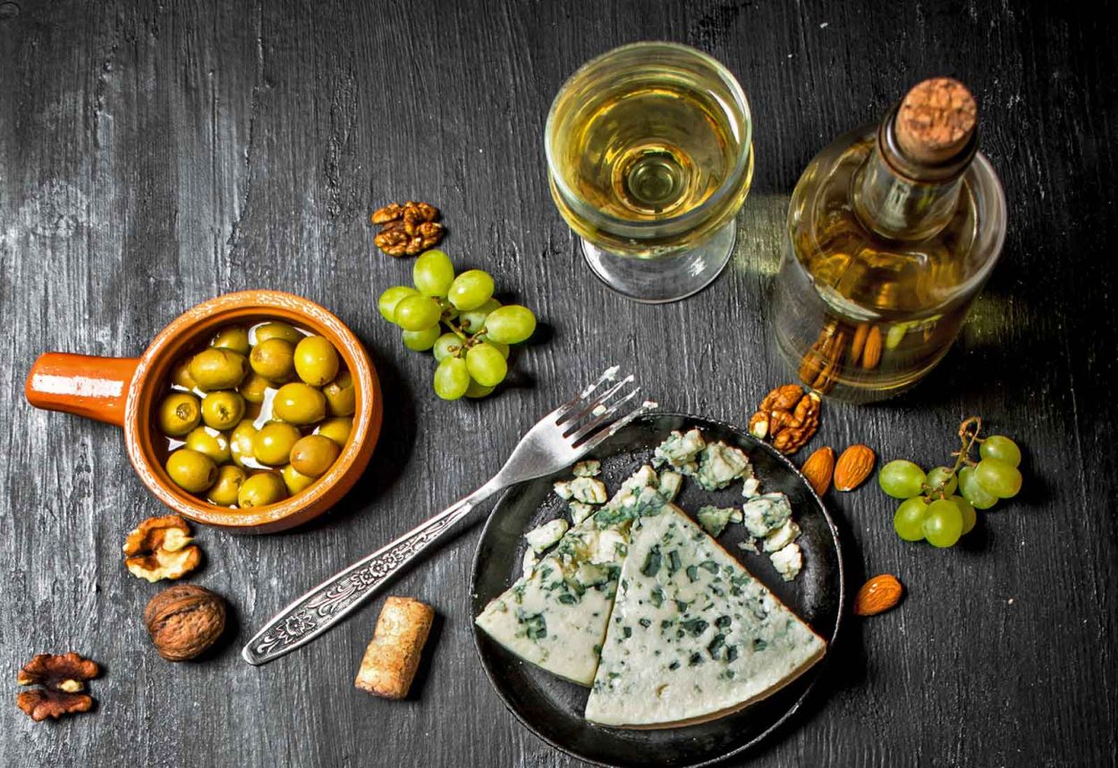 olive, wine and cheese